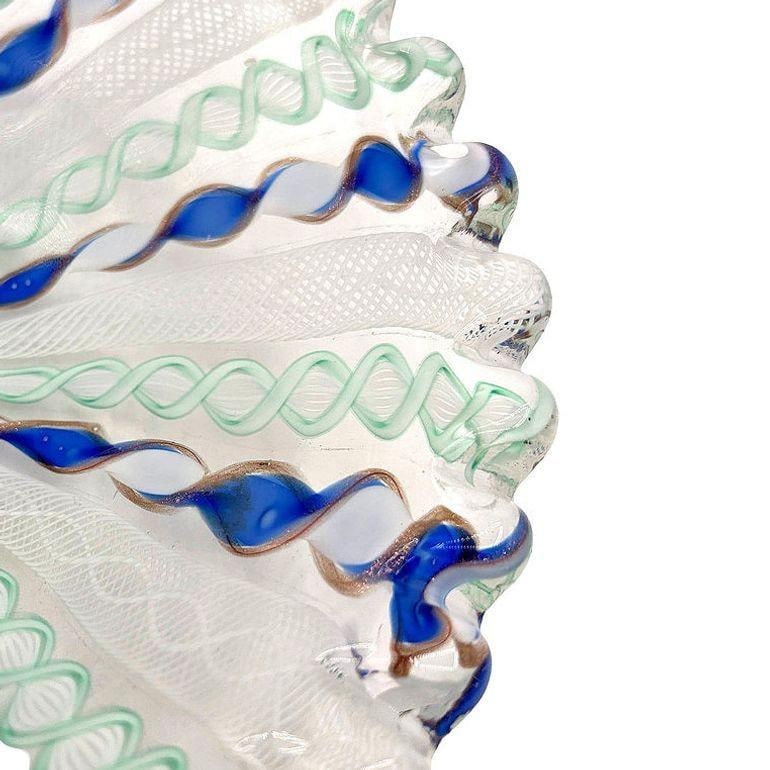 MCM Zanfircio Murano Art Glass Shell Dish Green Latticino Ribbons by Salviati - 13