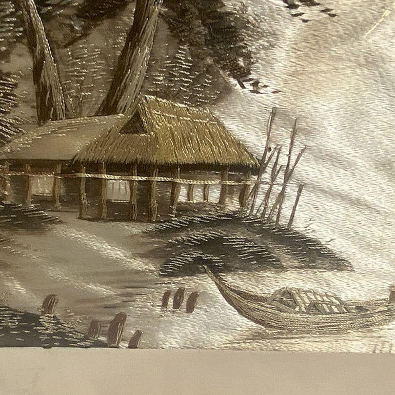 Three Chinese Silk Embroidery Tapestry Art Tropical Landscape in Rattan Frames - 13