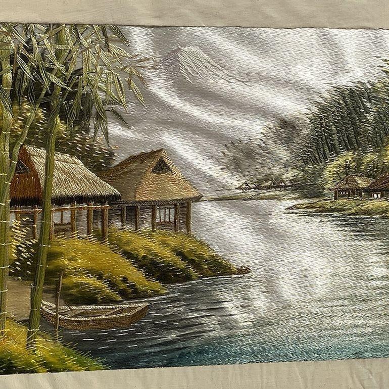 Three Chinese Silk Embroidery Tapestry Art Tropical Landscape in Rattan Frames - 6