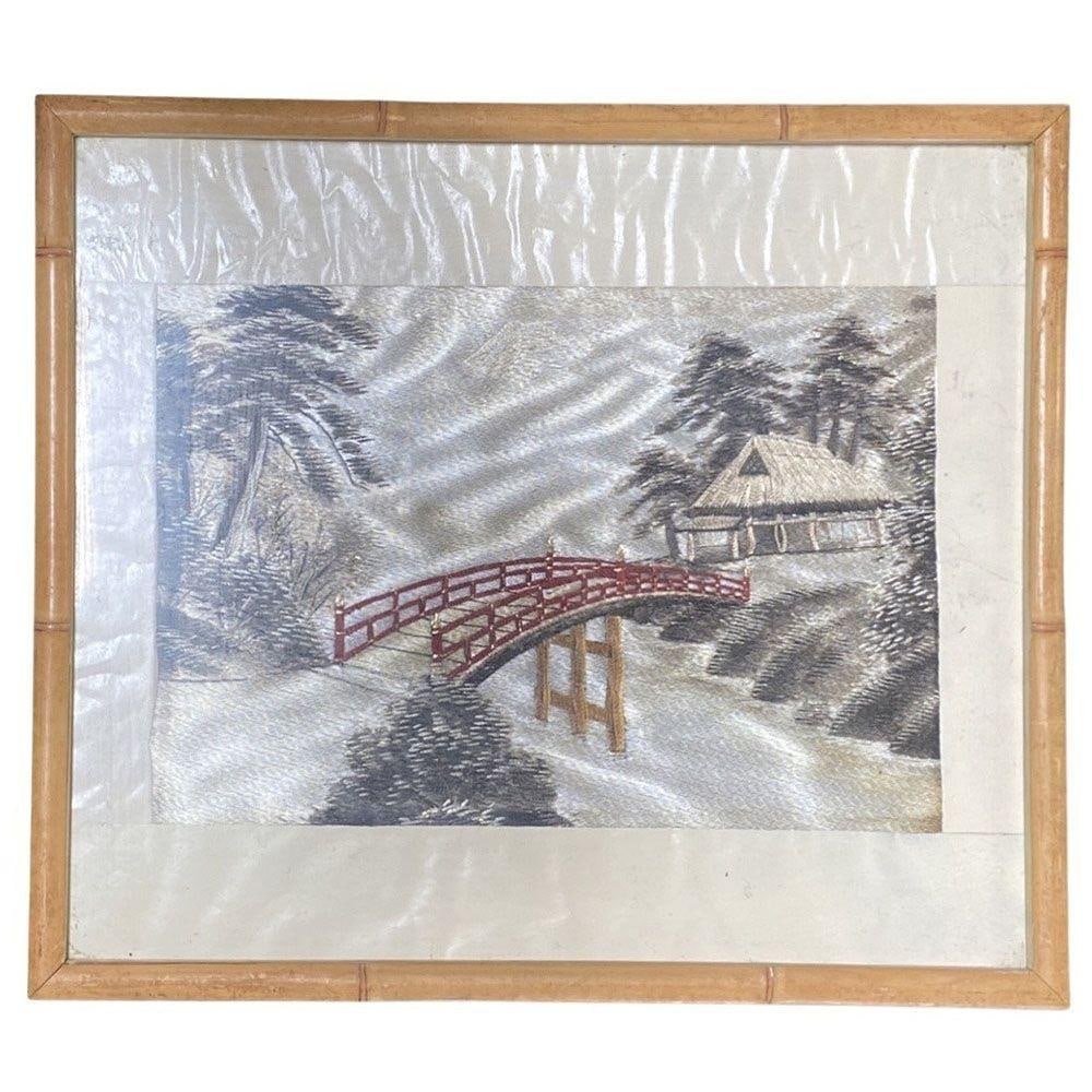 Three Chinese Silk Embroidery Tapestry Art Tropical Landscape in Rattan Frames - 9