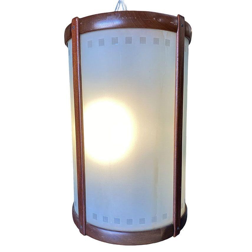 Mid-century Nakashima Style Teak Cylinder Pendant w/ Frosted Shade, 3 Available - 13