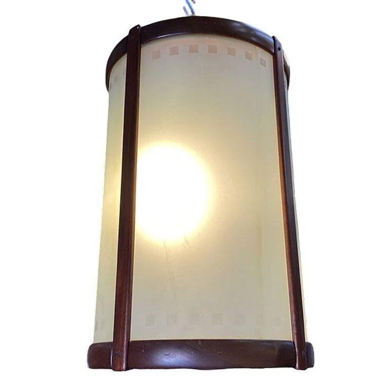Mid-century Nakashima Style Teak Cylinder Pendant w/ Frosted Shade, 3 Available - 5