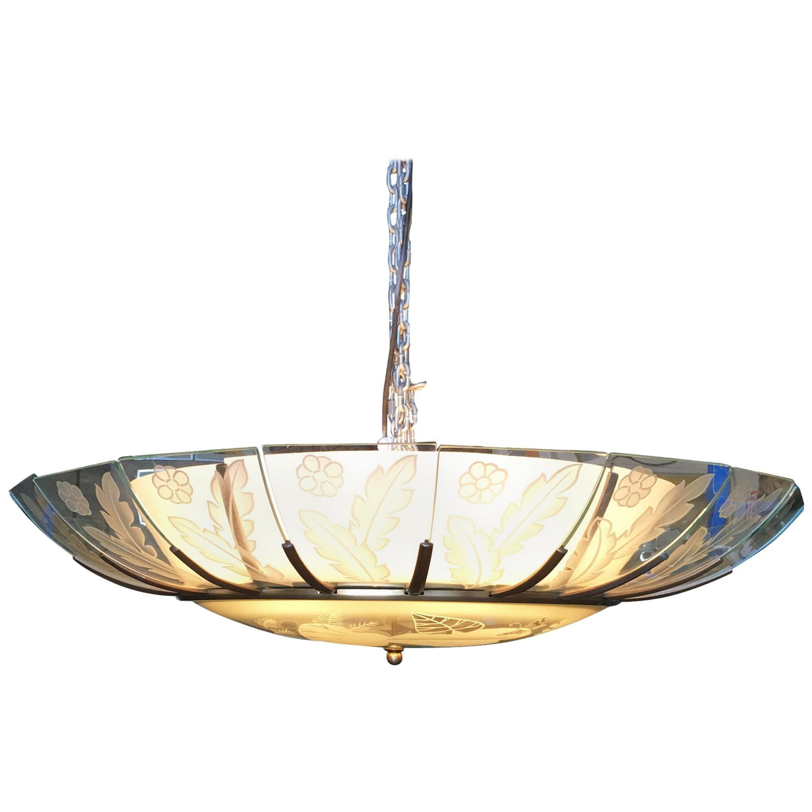 Modernist Tropical Etched Slat Glass Bowl Bronze Chandelier - 17