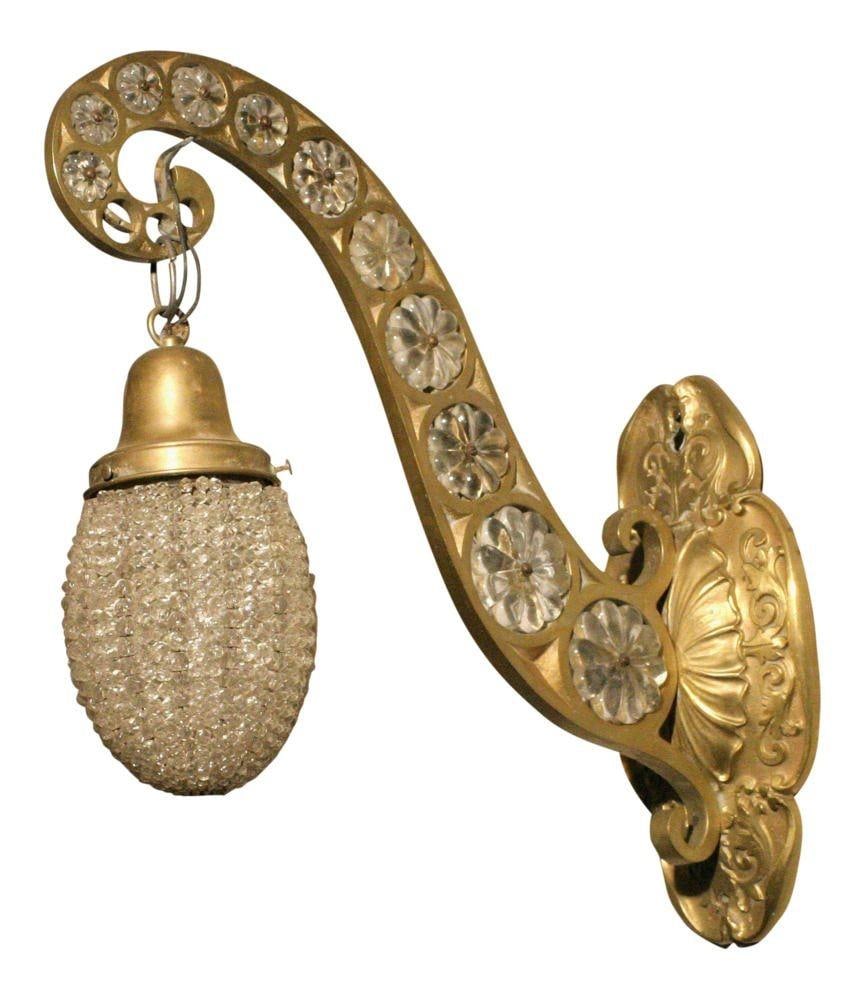 Hollywood Regency Brass and Crystal Beaded Sconce, Pair - 3