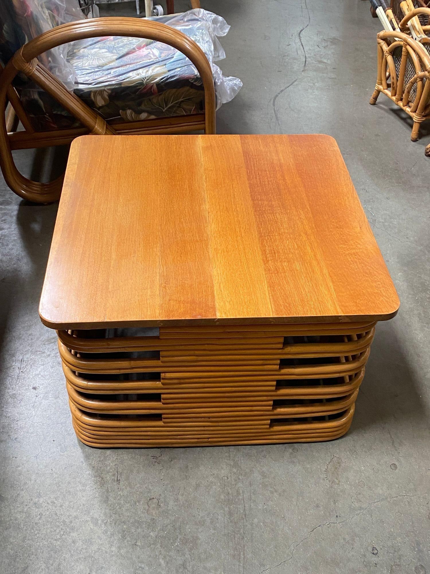 Restored Tall Stacked Rattan Coffee Table with Mahogany Top - 2