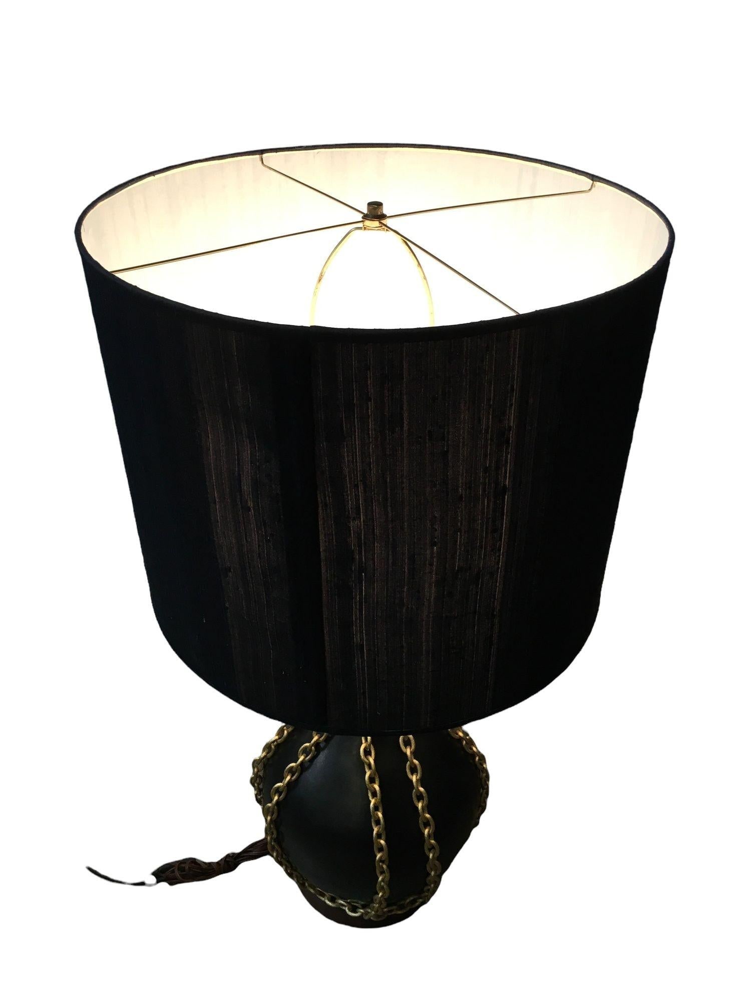 Large Midcentury Pottery Gold Tone Chain Lamps with Shade - 5