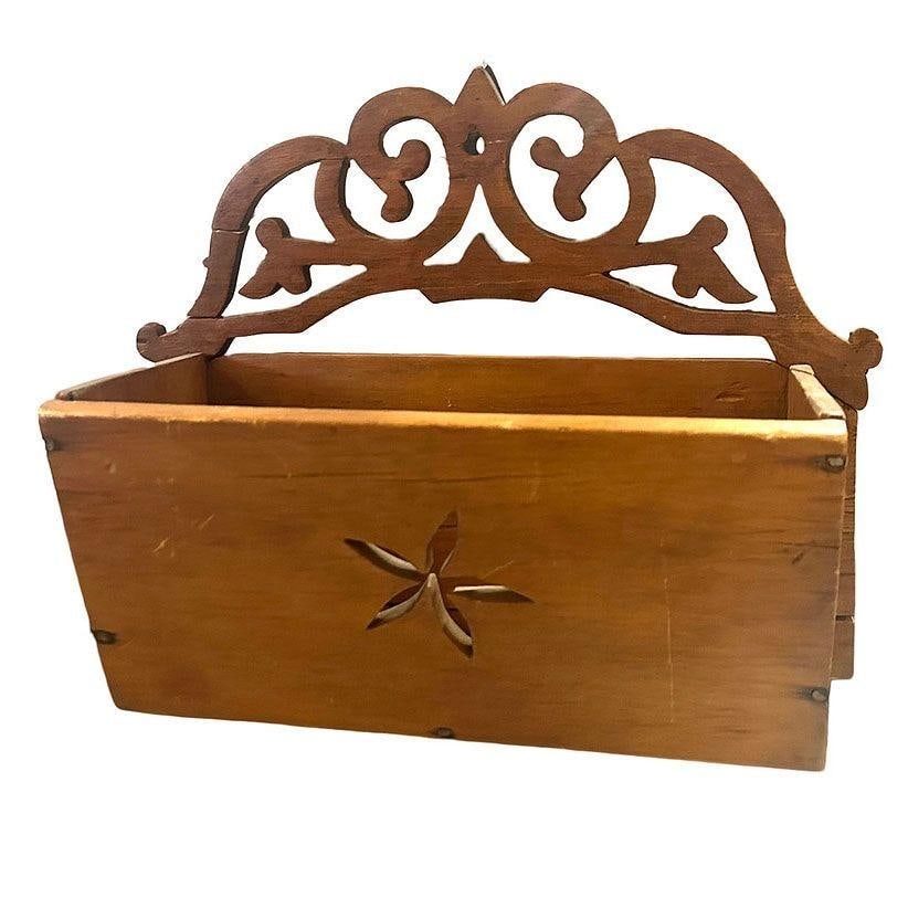 Vintage Hand Carved Edwardian Wooden Wall Mailer Mailbox w/ Star - 5