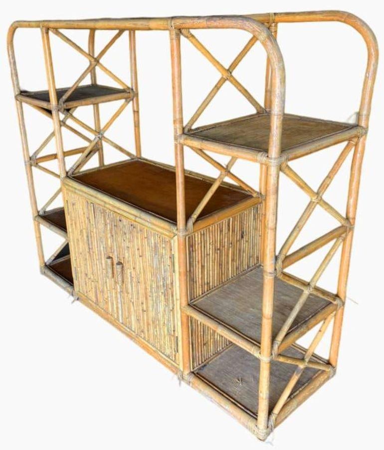 Restored Rattan Seven-Tier Display Shelf Wall Etagere Unit w/ Cabinet - 18