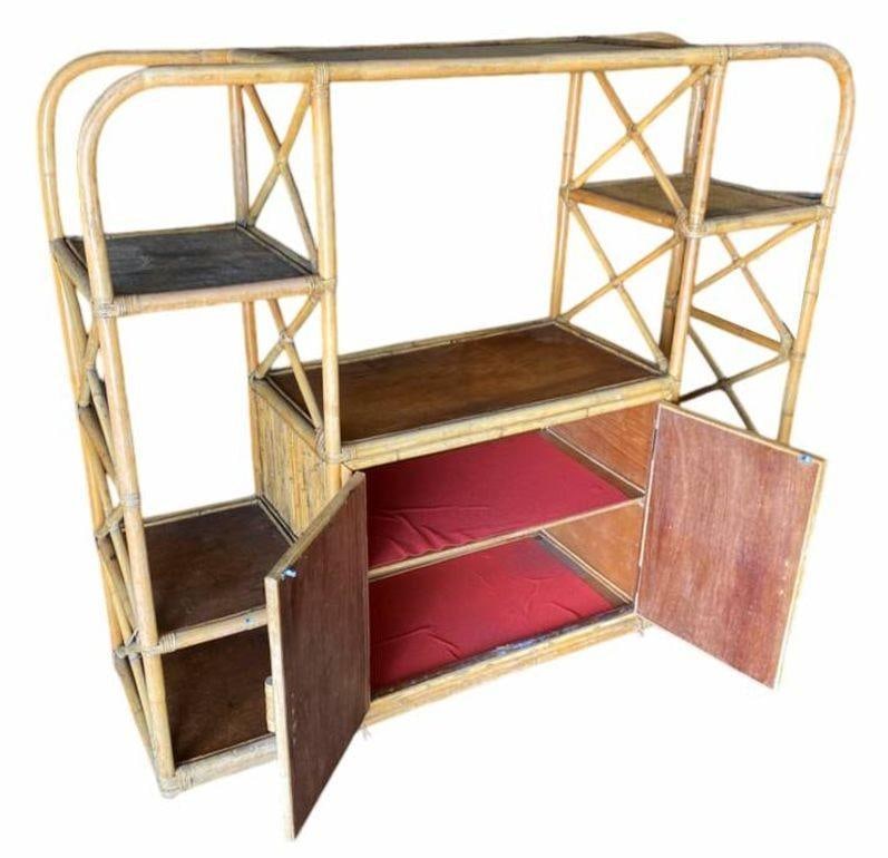 Restored Rattan Seven-Tier Display Shelf Wall Etagere Unit w/ Cabinet - 19