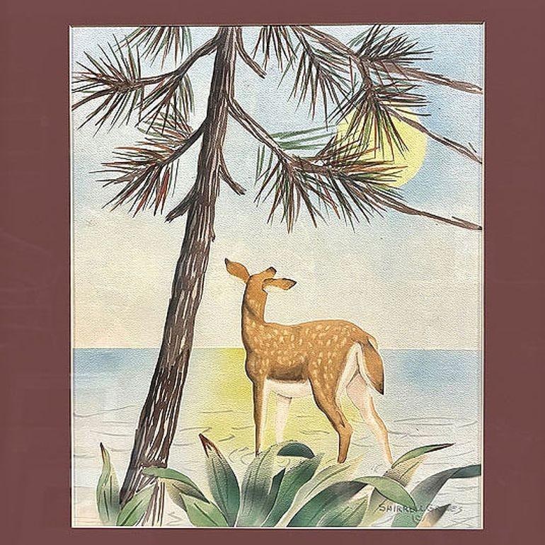Deer Scenic Watercolor on Paper Signed by Shirrell Graves in Bamboo Frame, Pair - 4