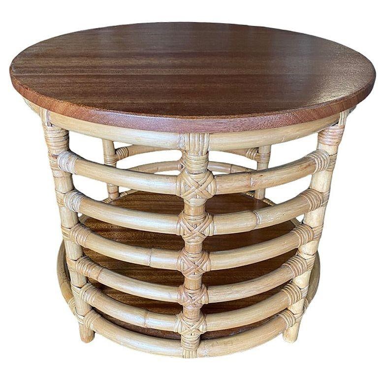 Restored Two-Tier Round Ladder Side Pole Rattan Side Table w/ Mahogany Top - 4