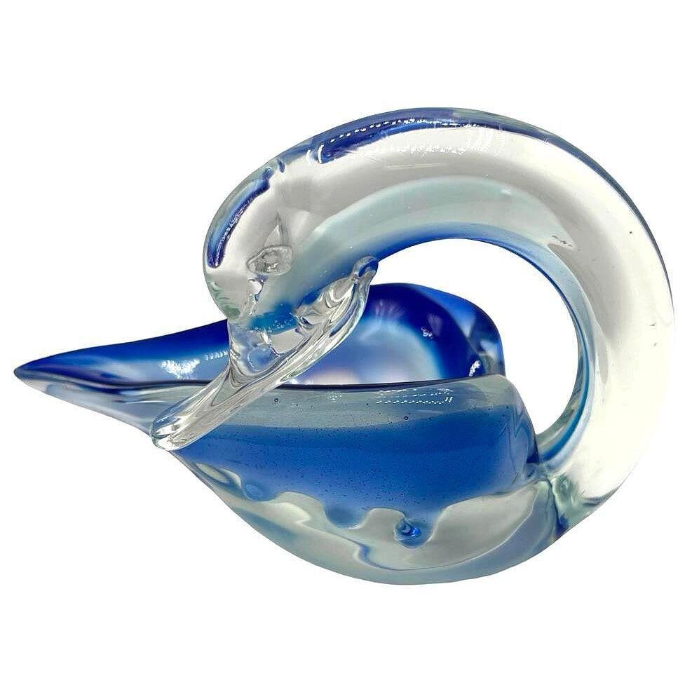 Hand Blown Blue & Transparent Murano Art Glass Swan Ring Tray - 17
