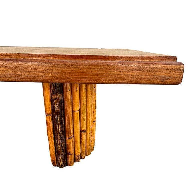 Mid-century Hand Carved Koa Wood Coffee Table w/ Stacked Rattan Legs - 13