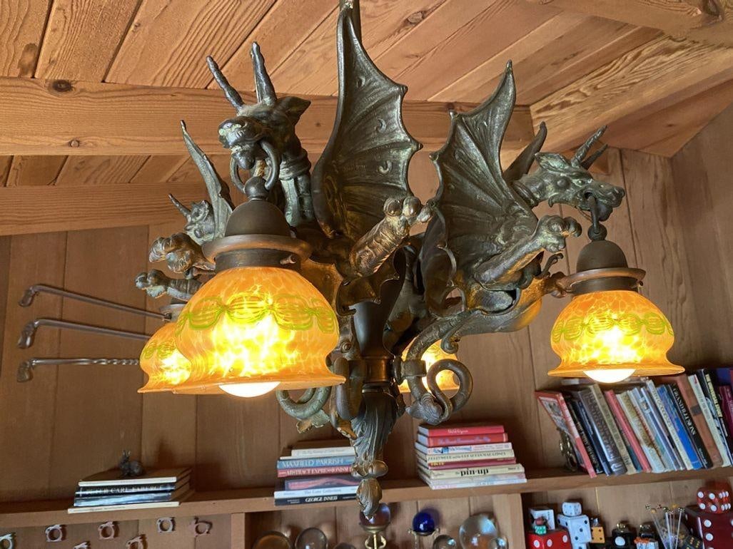 Edwardian Era Bronze Gothic Dragon Chandelier w/ Quezal Gold Iridescent Shades - 11