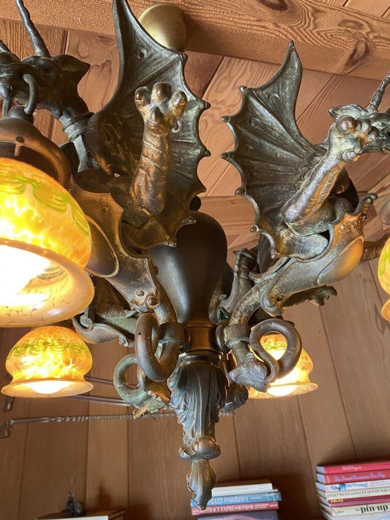 Edwardian Era Bronze Gothic Dragon Chandelier w/ Quezal Gold Iridescent Shades - 14