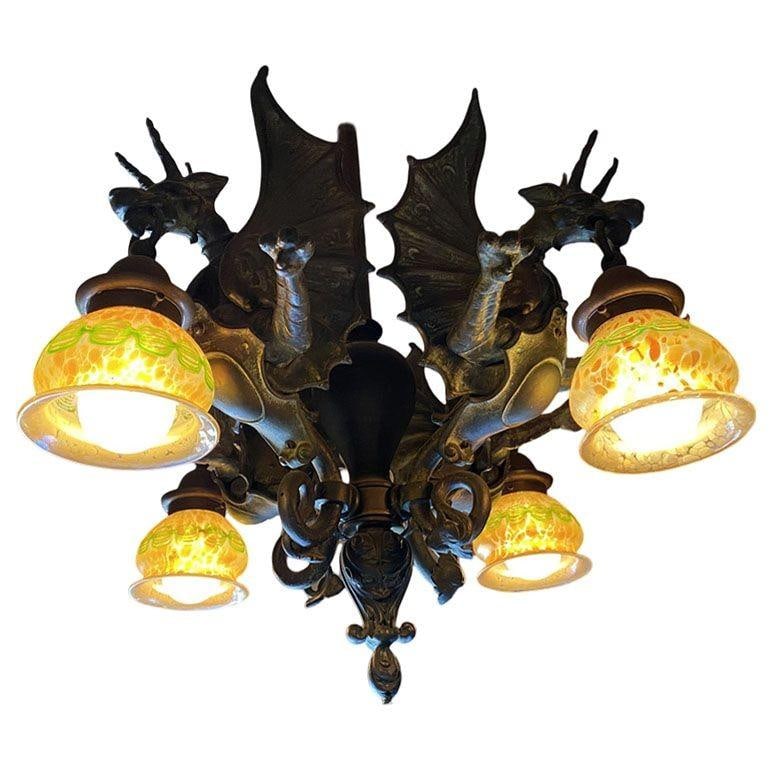 Edwardian Era Bronze Gothic Dragon Chandelier w/ Quezal Gold Iridescent Shades - 9