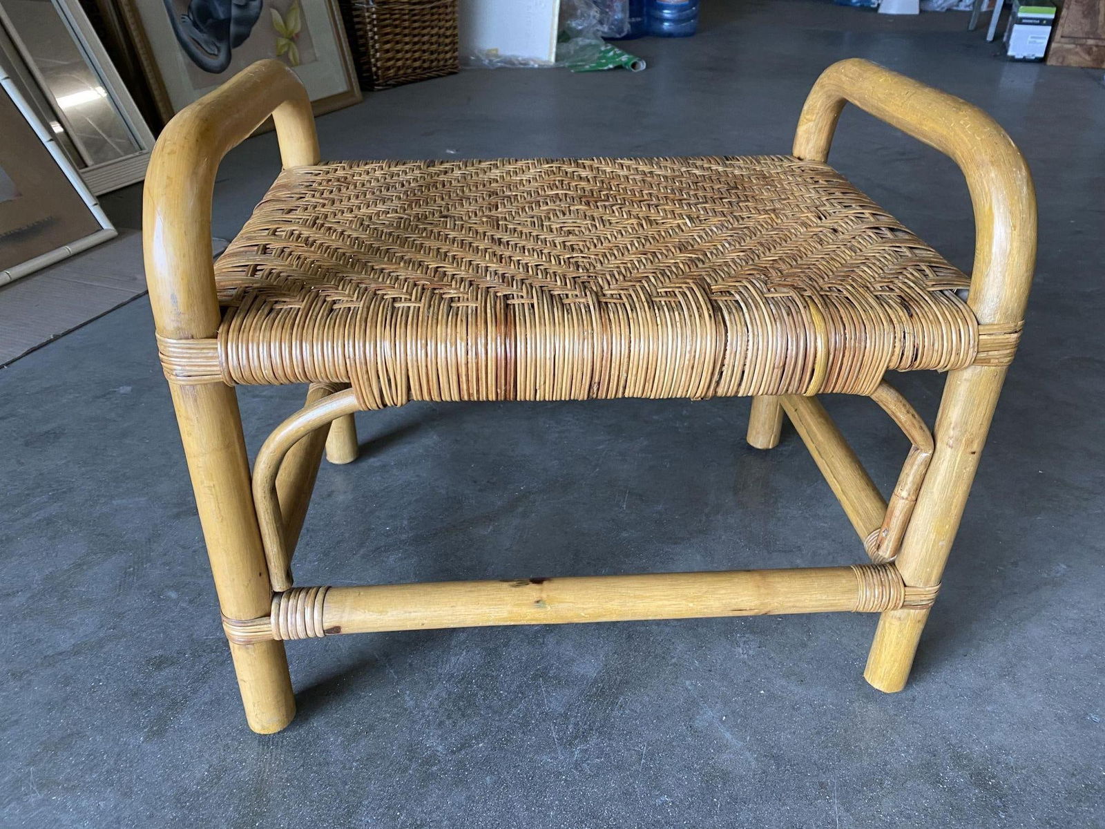 Restored Single Stand Rattan Staple Side Ottoman Stool W Woven Wicker Seat - 2