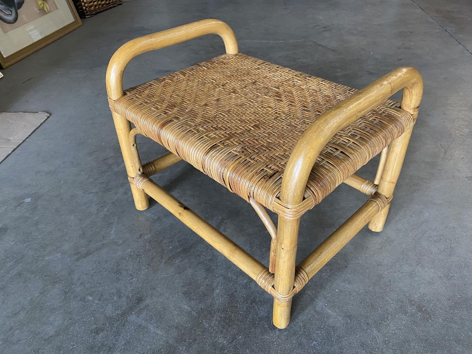 Restored Single Stand Rattan Staple Side Ottoman Stool W Woven Wicker Seat - 8
