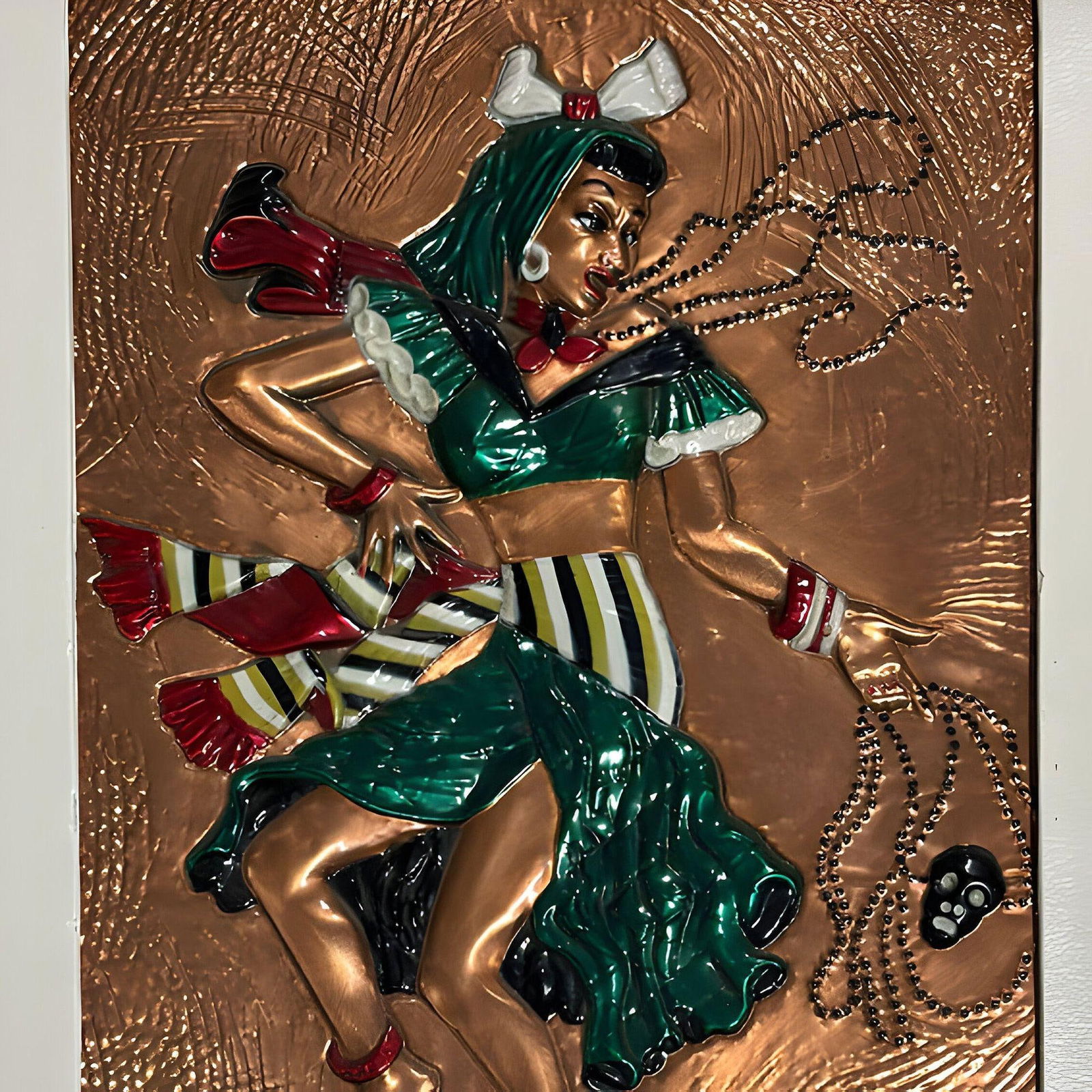 Mid-century Hand Painted Hammered Copper Relief Wall Art Framed, Pair - 5