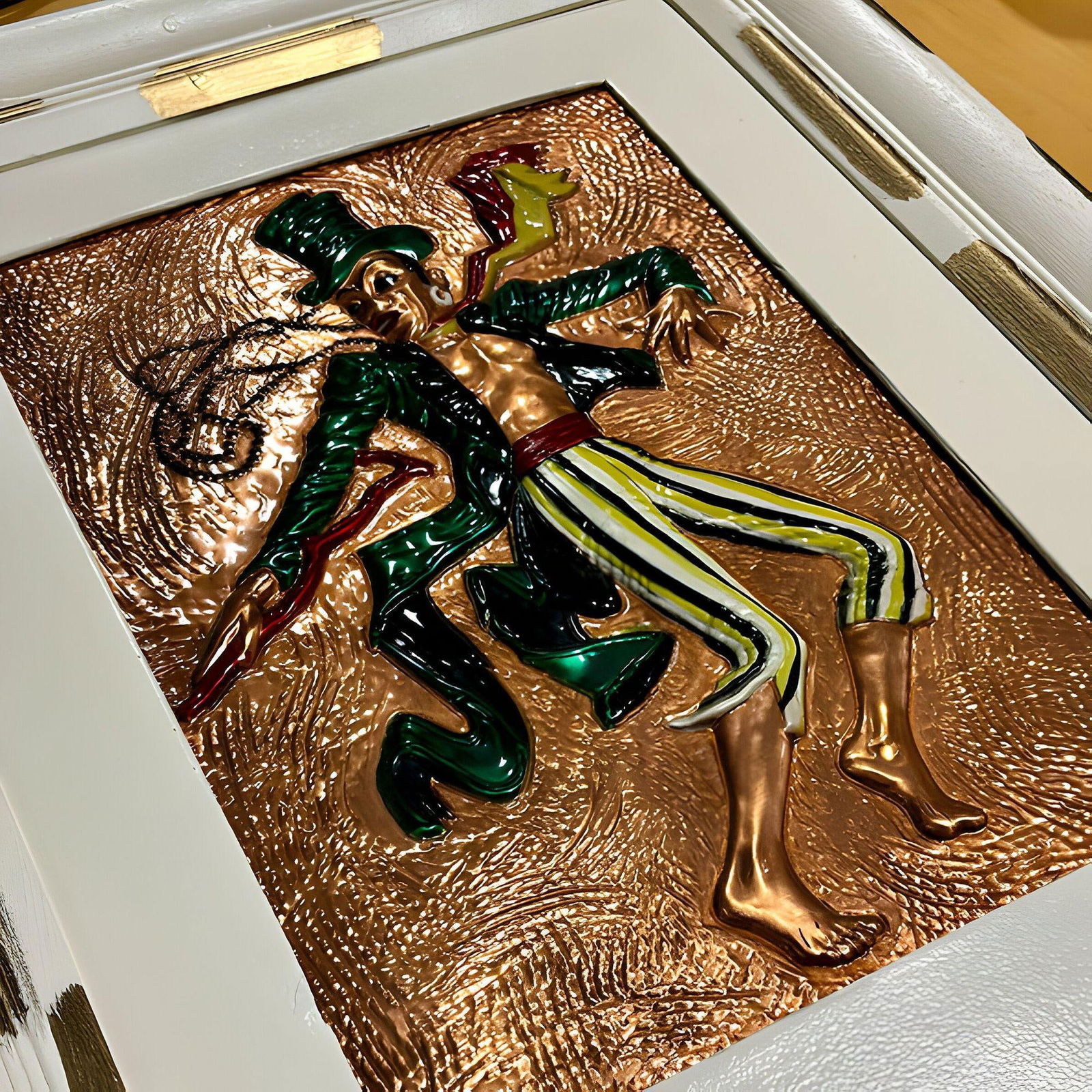 Mid-century Hand Painted Hammered Copper Relief Wall Art Framed, Pair - 9