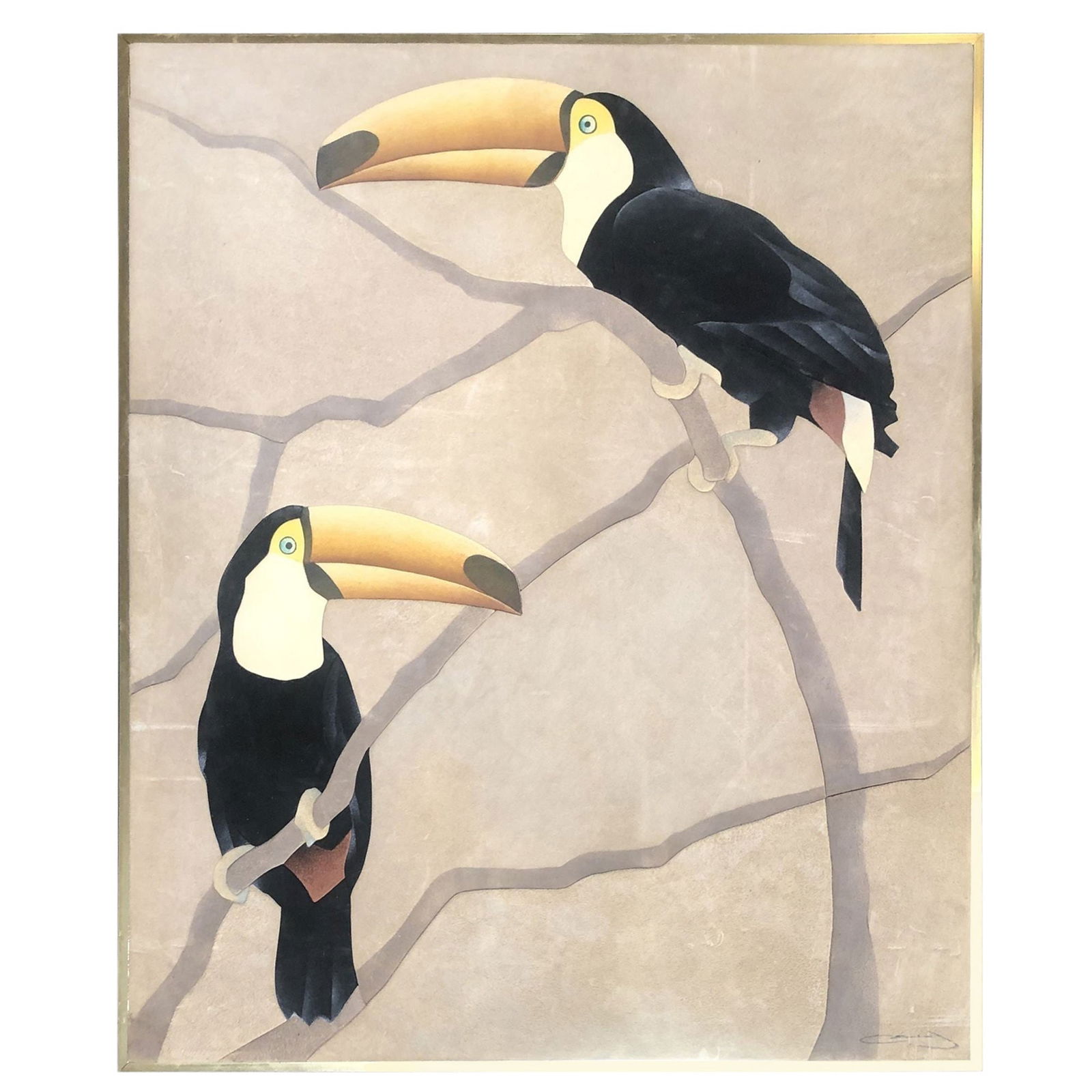 Large Suede Tropical Toucan Suede Wall Art, Signed: Title: Large Suede Tropical Toucan Suede Wall Art, Signed Description: Large tropical suede wall art featuring 2 South American Toco Toucan perched on tree branches. The art is in its original Brass a