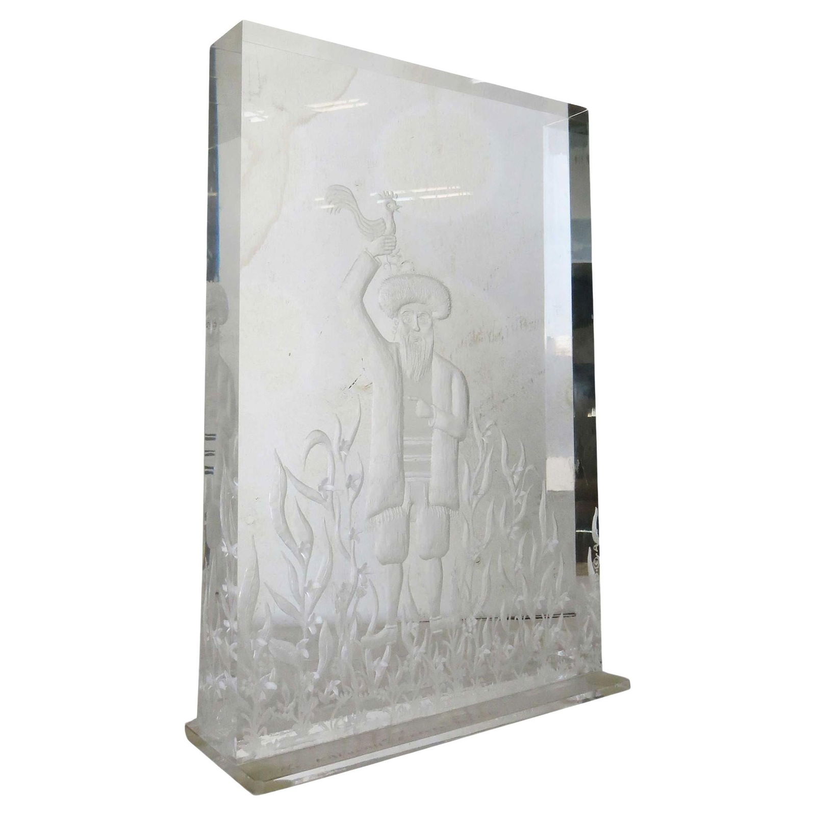Three Dimensional "Yom Kippur" Etched Acrylic Block Art by Dekel: Title: Three Dimensional "Yom Kippur" Etched Acrylic Block Art by Dekel Description: Hand-etched three-dimensional acrylic block art featuring a scene of a Jewish man practicing the ceremony of Kappar