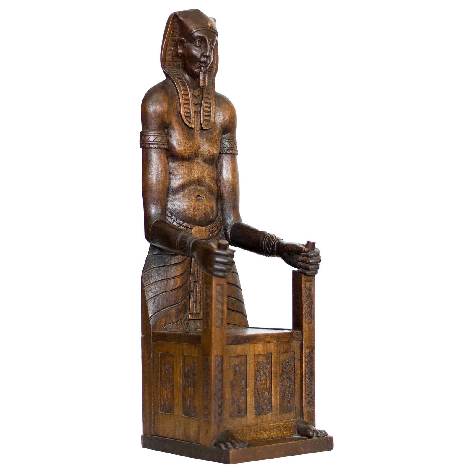 Carved Miniature Egyptian Pharaoh Amenhotep III Throne Jewelry Box: Title: Carved Miniature Egyptian Pharaoh Amenhotep III Throne Jewelry Box Description: A carved miniature chair featuring a portrait of Amenhotep III who was also known as Amenhotep the Magnificent, t