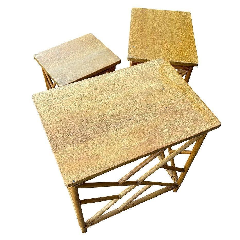 Restored Mid-Century Set of 3 Rattan Nesting Side Tables w/ Mahogany Top - 9