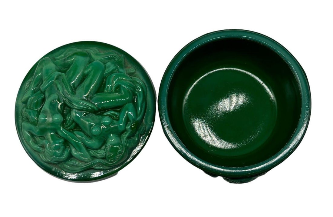 Green Naiads Glass Bonbonniere W/ Bacchantes Powder Box by Heinrich Hoffmann - 5