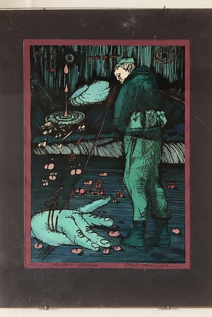 Hand-colored Abstract Block Prints in acrylic Frame by Beato P. Set of 4 - 10