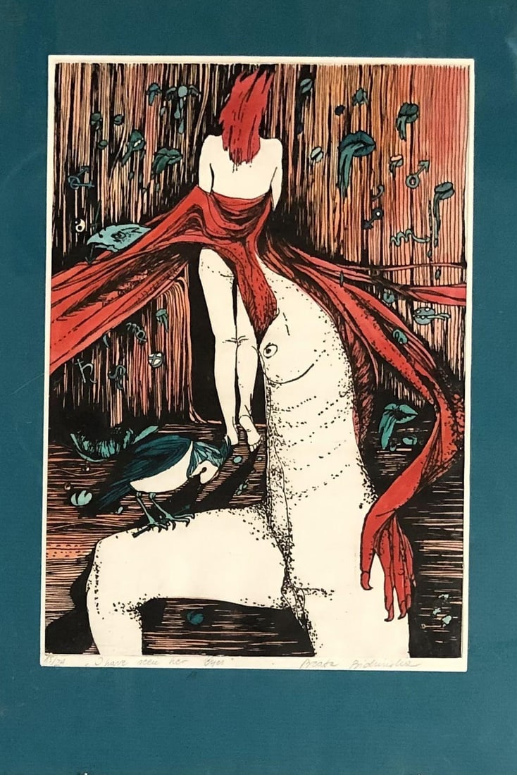 Hand-colored Abstract Block Prints in acrylic Frame by Beato P. Set of 4 - 5