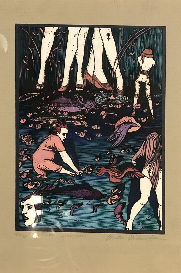 Hand-colored Abstract Block Prints in acrylic Frame by Beato P. Set of 4 - 6