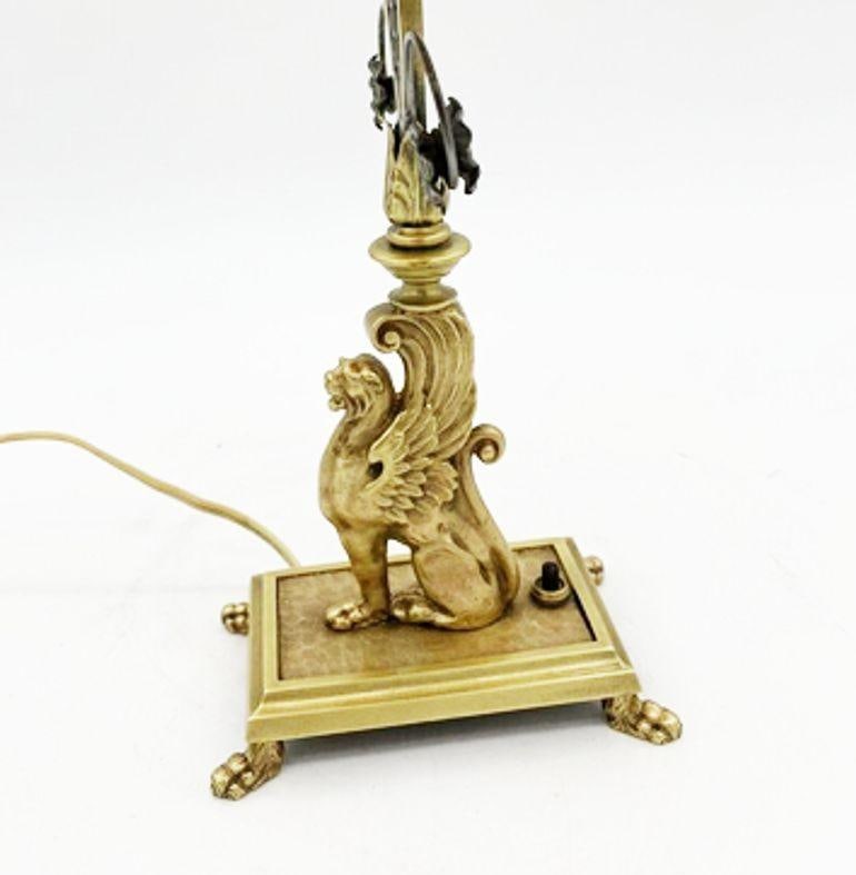 Hollywood Regency Brass Scrolling Griffin Table Lamp w/ Lamp Shade - 16