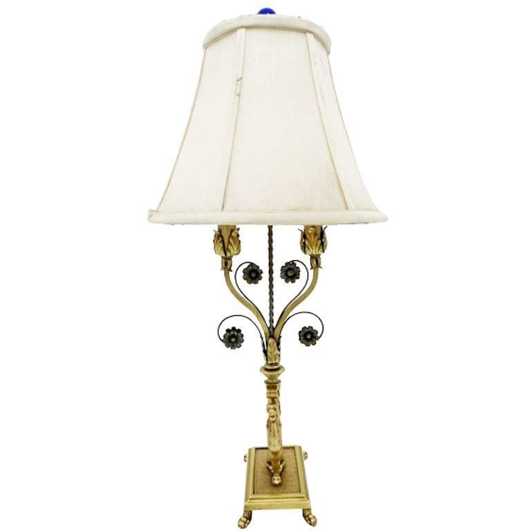 Hollywood Regency Brass Scrolling Griffin Table Lamp w/ Lamp Shade - 9