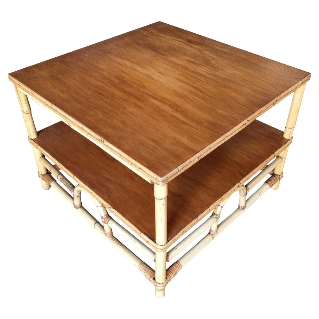 Restored Two-Tier Rattan "Center Horseshoe" Coffee Table W/ Mahogany Top (1 of 19)