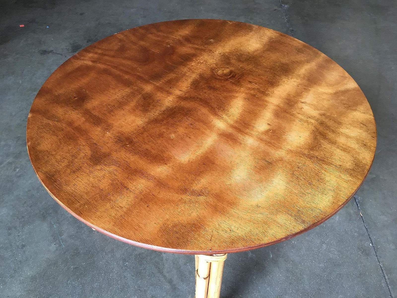 Restored Vintage Large 31" Round "X" Base Rattan Coffee Table With Oak Top - 4