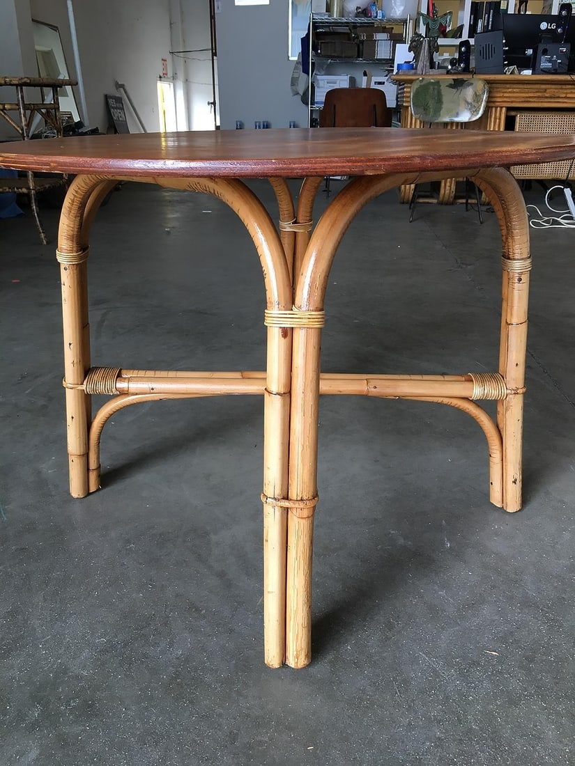 Restored Vintage Large 31" Round "X" Base Rattan Coffee Table With Oak Top - 5