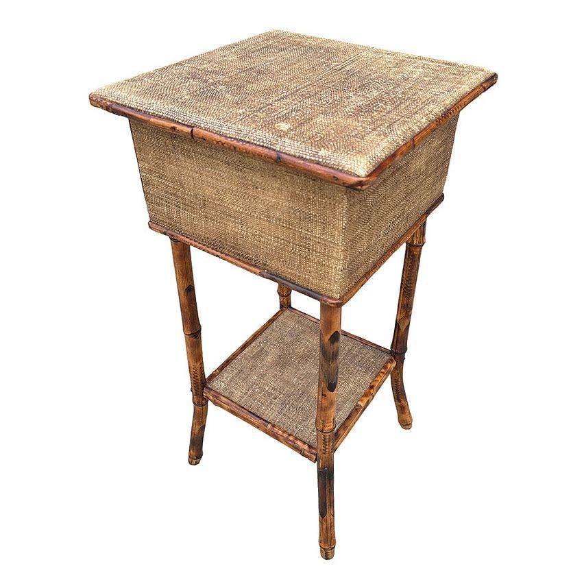 Aesthetic Movement Tiger Tortoise Bamboo & Grassmat Pedestal Table Storage Box - 15