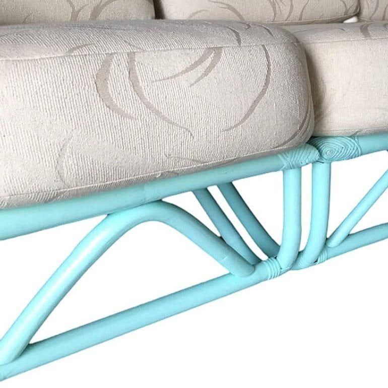 Restored Teal Mid-century 3/4 Pretzel Rattan 4-Seater Sectional Sofa - 13