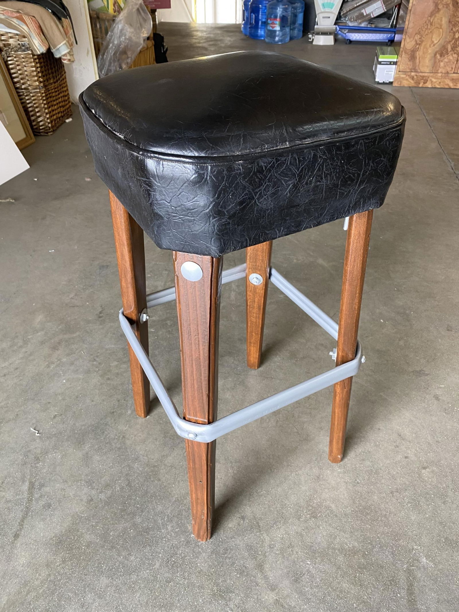 Modernist Steel Studded Knife Leg Bar Stool w/ Black Top Circa 1970, Pair - 10