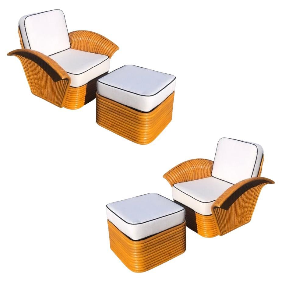 Vintage Art-Deco Style Rattan Fan Arm Lounge Chair/Ottoman Set, 3 sets Avail - 7