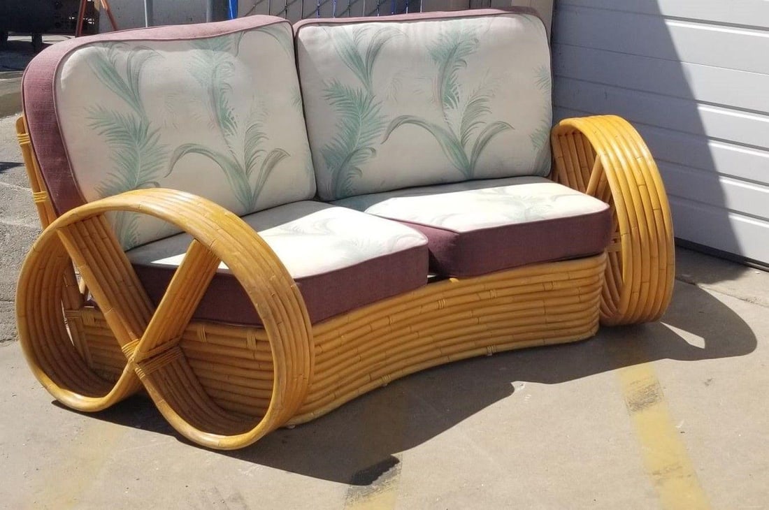 Restored Rattan 6 Strand Full Pretzel Curved Settee, in the style of Paul Frankl - 10