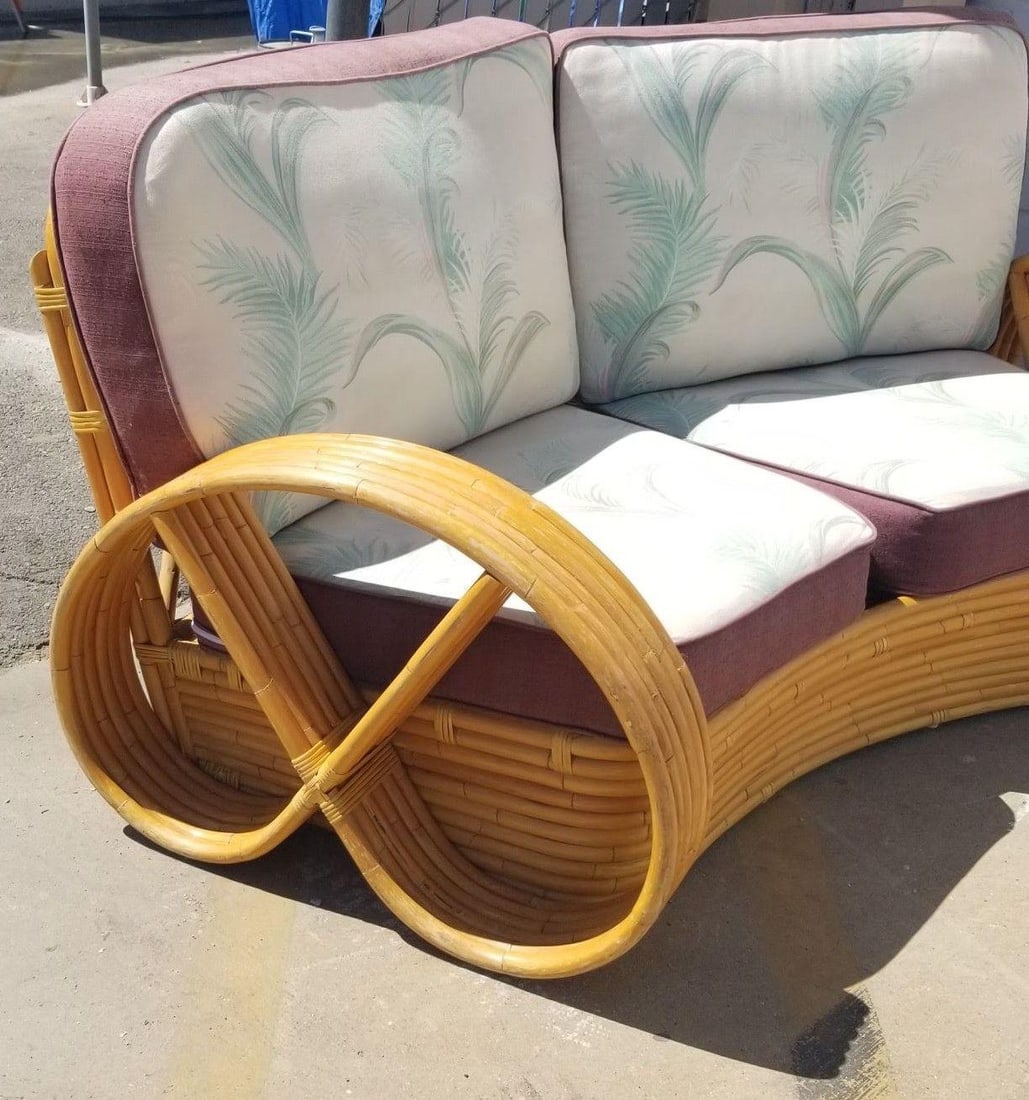 Restored Rattan 6 Strand Full Pretzel Curved Settee, in the style of Paul Frankl - 16