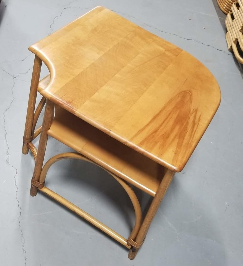 Restored Mid Century Maple and Faux Rattan Corner Table by Heywood Wakefield - 9