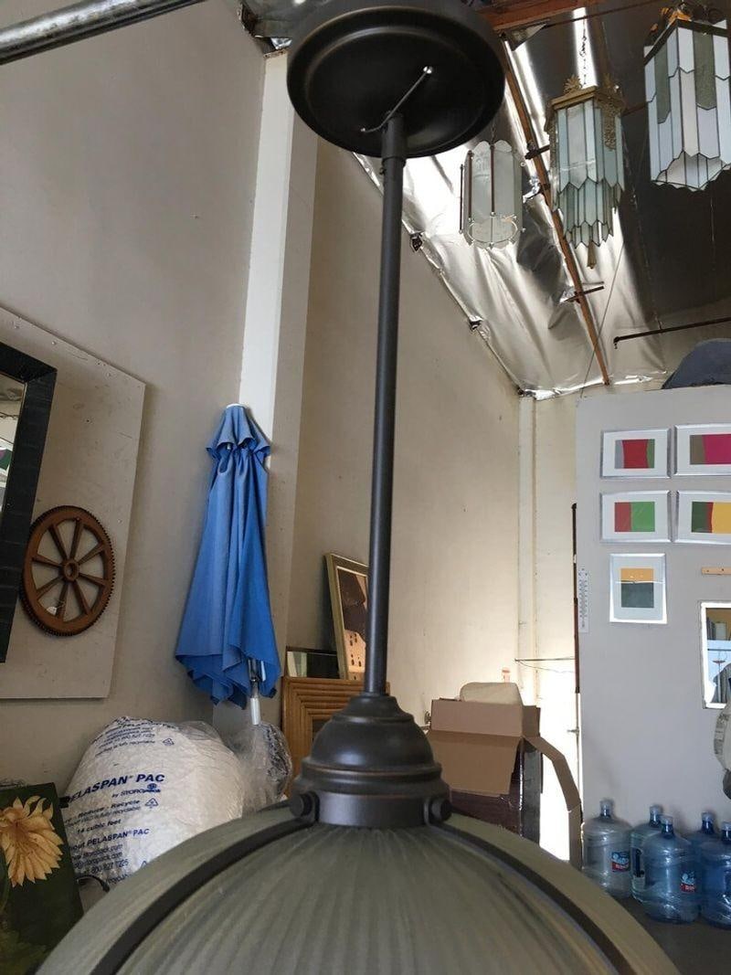 Industrial Ribbed Pendant Lamp Holophane Style Pair - 11