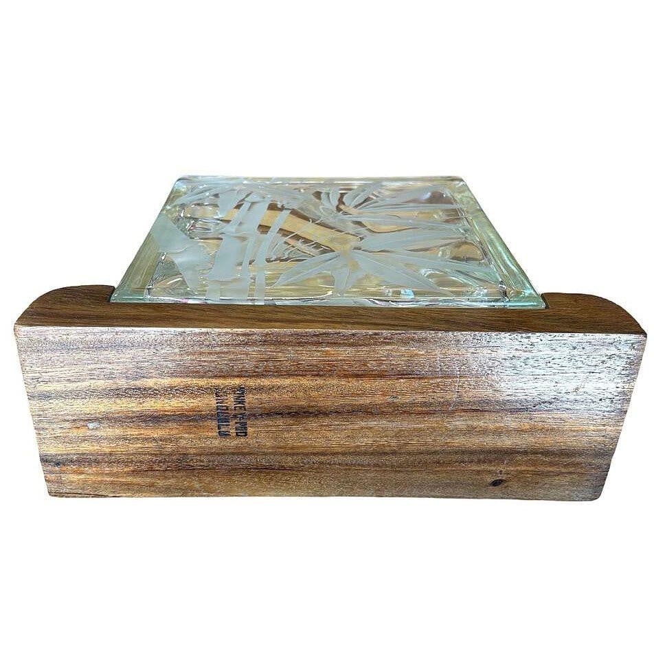 Mid-century Hawaiian Acid Etched Bamboo Glass Block Vase w/ Monkey Pod Wood Base - 11