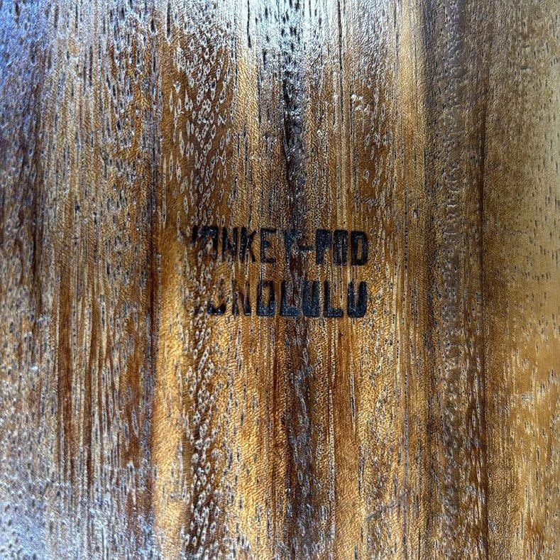 Mid-century Hawaiian Acid Etched Bamboo Glass Block Vase w/ Monkey Pod Wood Base - 12