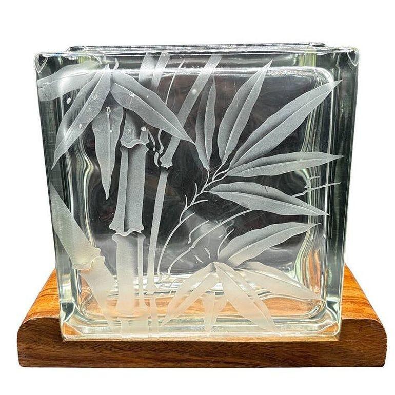 Mid-century Hawaiian Acid Etched Bamboo Glass Block Vase w/ Monkey Pod Wood Base - 19