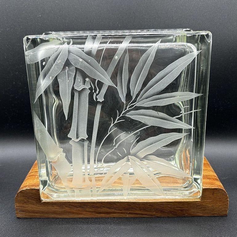 Mid-century Hawaiian Acid Etched Bamboo Glass Block Vase w/ Monkey Pod Wood Base - 4