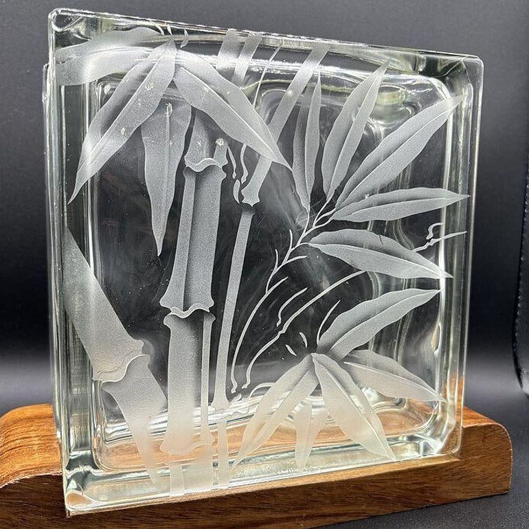 Mid-century Hawaiian Acid Etched Bamboo Glass Block Vase w/ Monkey Pod Wood Base - 6